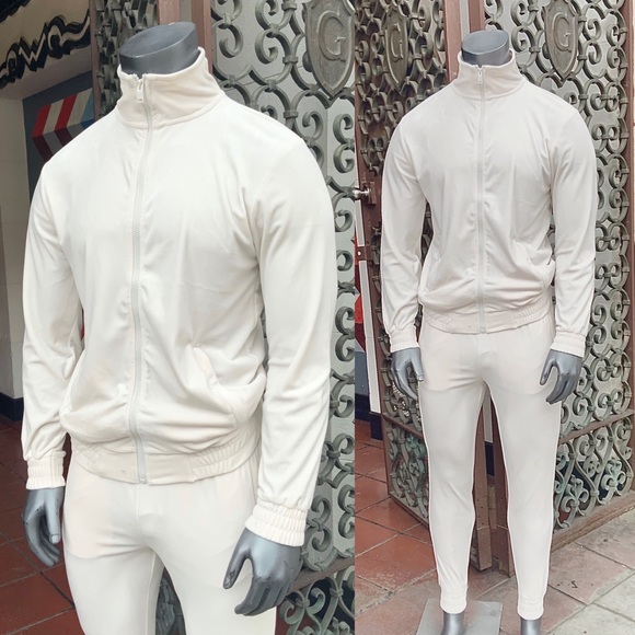 Men´s Ecru Full Zip Fitted Velour Tracksuit